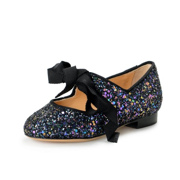 Charlotte Olympia Girls INCY OLIVIA Midnight Glitter Leather Ballet Flats Shoes